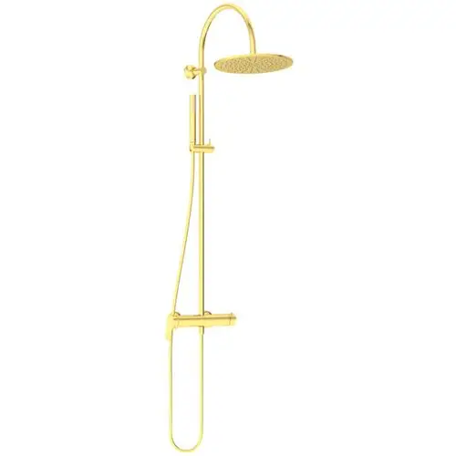 Duschsystem in Brushed Gold-Finish von Ideal Standard, bestehend aus einer großen Kopfbrause und einem flexiblen Handbrausearm, an einer Wand montiert.
